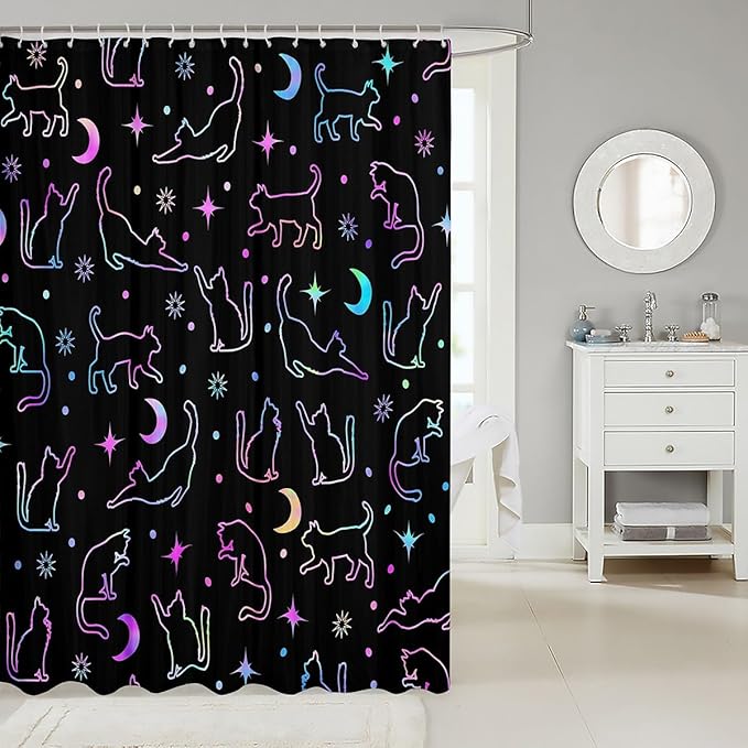 Manfei Cute Cats Silhouettes Kids Shower Curtains,Sun Moon Starry Sky Boho Bathroom Curtains for Girls Boys,Cartoon Animals Pets Neon Purple Romantic Waterproof Curtains,12 Hooks Suits,72" W x 72" L