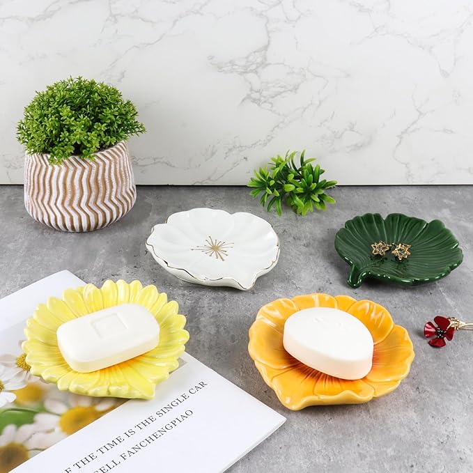 Self Draining Soap Dish Inspired by Daisy Flower Ceramic Waterfall Soap Dish Soap Savers for Bathroom,Shower,Bar Counter