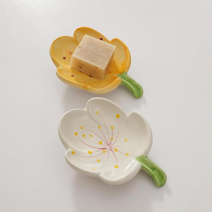Ankah Decorative Ceramic Soap Box, Flower Shape Soap Dish, Self-Draining to Keep Dry Stop Mushy Soap Holder, Easy Cleaning, Best for Shower Bathroom and Kitchen (Tulip, Yellow)