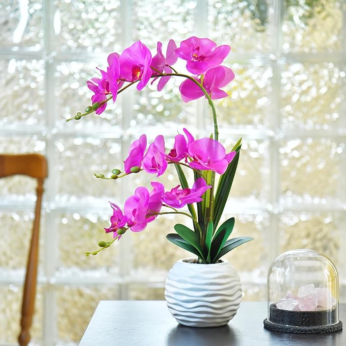 Artificial Orchids in Vase Fake Real Touch Orchid Flowers in Pot Faux Phalaenopsis Potted with Ceramic Vase for Home Office Wedding Table Decoration, Fuchsia