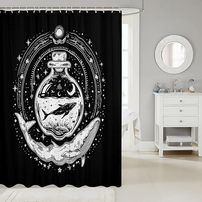 Feelyou Whale Shower Curtain Ocean Themed Fabric Shower Curtain for Kids Boys Girls Bohemian Galaxy Bathroom Waterproof Accessories with 12 Hooks Black and White Curtains,72X78 Inches