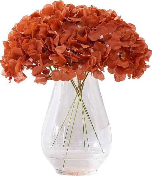 Rust Orange Artificial Hydrangea Flower Heads Hydrangea Silk Flowers with Stems for Wedding Centerpieces Bouquets DIY Floral Decor Home Decoration,Pack of 10pcs