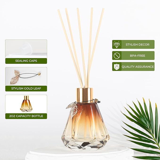 6PCS Reed Diffuser, Reed Diffuser Empty Bottles with 6PCS Delicate Gold Leaf Decor DIY, Glass Fragrance Diffuser Set with lids for Home, Bathroom, Refillable, Diamond Style Gold