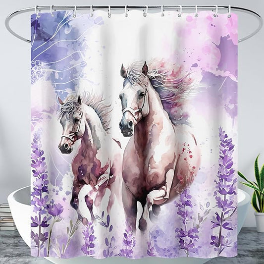 AILONEN Watercolor Flower Horse Shower Curtain,Galloping Horse Bath Curtain,Purple Lavender Horse Decoration Bathroom Curtain with 12 Plastic Hooks,Waterproof 72" W*78" H
