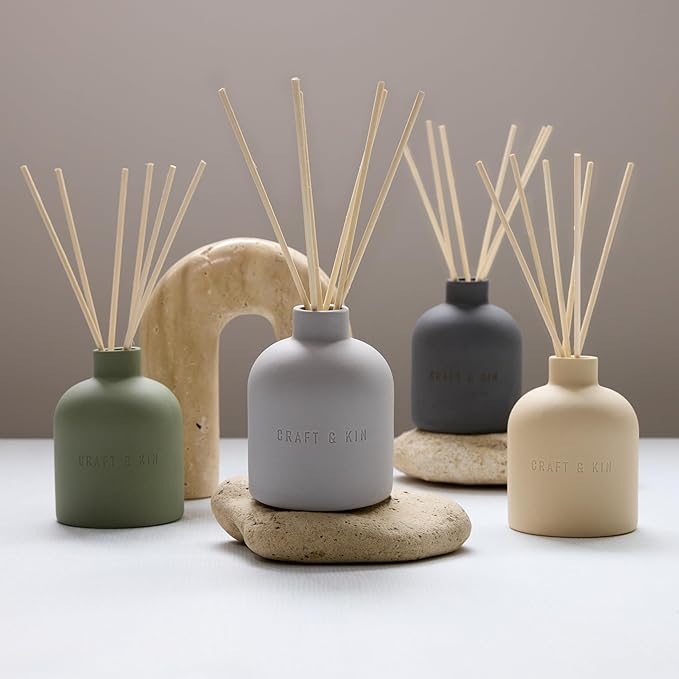 Craft & Kin Reed Diffuser Set - Rose & Oud, Reed Diffusers for Home with Fragrance Sticks - The Earthenware Collection, 6.7oz Alcohol-Free, Essential Oils
