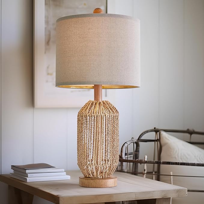 OYEARS 21" Boho Table Lamps Set of 2 for Living Room, Bedside Lamps for Nightstand, Rattan Lamp for Bedroom, Farmhouse Table Lamps for Boho Decor, End Table, Retro, Brown