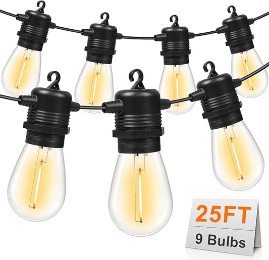 LED Outdoor String Lights 25FT with 9 Shatterproof S14 Bulbs, Waterproof for Porch, Deck, Garden, Balcony, Dimmable 2700K