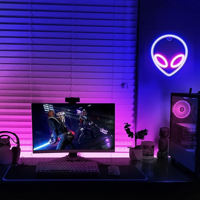 Lumoonosity Alien Neon Sign, Pink and Blue Alien Decorations Neon Lights with On/Off Switch, Cool Alien Light Neon Signs for Bedroom, Gaming Room, Aesthetic Hanging Alien Led Signs for Wall Decor