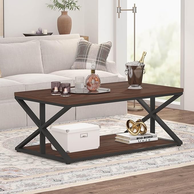 Coffee Table with Storage, Modern Living Room Table, Minimalist Rectangle Center Table, Industrial Vintage Wood Tea Tables, 39 Inch, Walnut