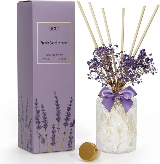 UCC Premium Reed Diffuser Set with Preserved Flower Reed Sticks, 6.76 fl oz French Cade Lavender Scented Room Diffuser Home Fragrance Essential Oil Reed Diffuser for Bedroom Bathroom Home Décor Office
