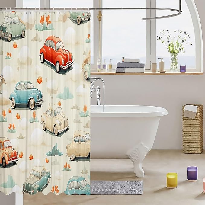 Feelyou Cartoon Car Fabric Shower Curtain for Kids Boys Girls Vintage Retro Car Bathroom Waterproof Accessories with 12 Hooks Colorful Shower Curtain Car Curtains,72x72 Inches