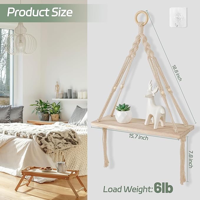 HOSROOME Boho Macrame Hanging Shelves with Floating Design, Perfect for Bedroom, Living Room, Bathroom or Nursery Wall Shelves, White