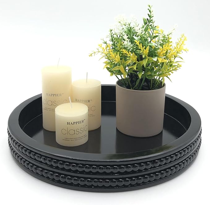Carah & Cossh Round Wooden Tray, Black Round Decorative Wood Tray, Round Modern Decorative Tray, Perfect for Storage and Display (Black)