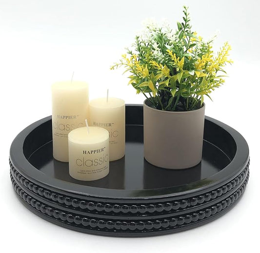 Carah & Cossh Round Wooden Tray, Black Round Decorative Wood Tray, Round Modern Decorative Tray, Perfect for Storage and Display (Black)