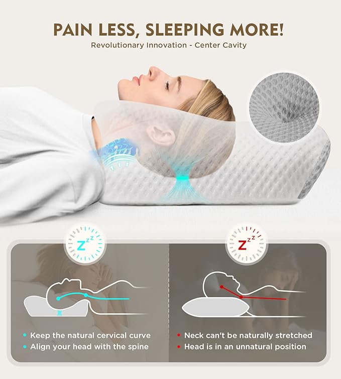 Osteo Cervical Pillow for Neck Pain Relief, Hollow Design Odorless Memory Foam Pillows with Cooling Case, Adjustable Orthopedic Bed Pillow for Sleeping, Contour Support for Side Back Stomach Sleepers