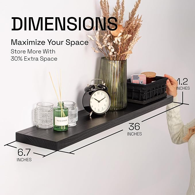 BAOBAB WORKSHOP Wood Floating Shelves for Bathroom Wall - Solid Wood Shelf 36 inch - Long Floating Shelves for Wall for Bedroom Kitchen Living Room - Black Shelves - 36 x 6.7 Inch, Set of 2