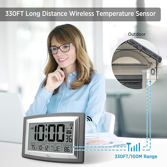WallarGe Atomic Clock with Outdoor and Indoor Temperature - 12.5 Inch Self-Setting Digital Clock Large Display, Battery Operated Wall Clocks or Desk Clocks for Bedroom, Livingroom, Office