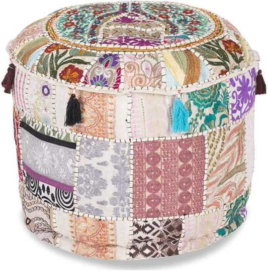 Aakriti Gallery Indian Pouf Footstool Ethnic Embroidered Pouf Cover, Indian Cotton Round Pouffe Ottoman Pouf Cover Pillow Ethnic Decor Art - Cover Only (White, 22x14)