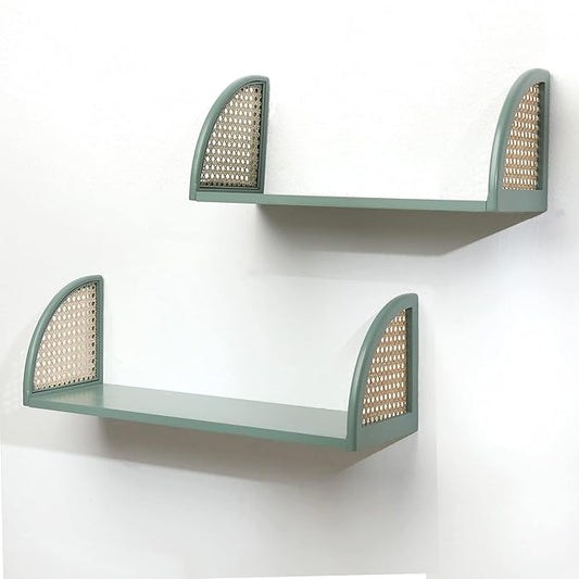 [PJ Collection] Decorative Wooden Wall Shelf with Rattan, Set of 2, Floating Shelves, Wall Mount, Wall Shelf, Rustic Wood Wall Storage Shelves, Sturdy Floating Shelves (Green