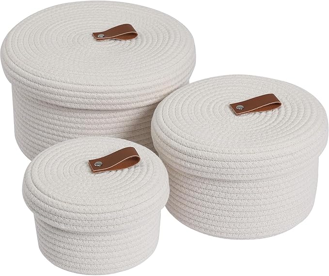 Cottonphant Set of 3 Stylish Round Woven Baskets with Lids - Elegant Storage Solution for Home Decor and Organization - Compact Shelf Baskets (Off White, 10"x6"-8"x5"-6"x4")
