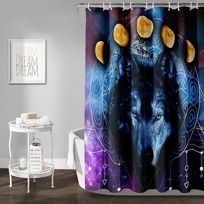 AILONEN Wolf Shower Curtain,Boho Moon Wolf Bath Curtain for Bathroom Decor,Galaxy Wolf Polyester Waterproof Whit 12 Plastic Hooks 72" W*84" H