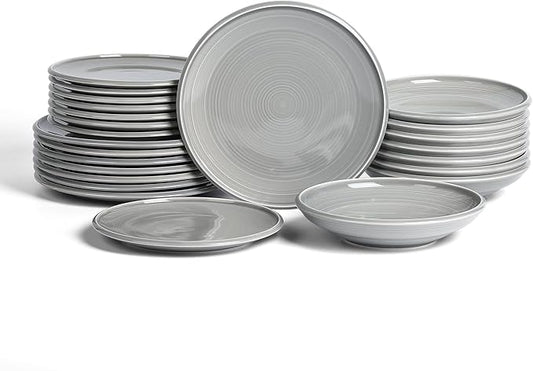 Earth & Clay Harmony 24-Piece Dinnerware Set Stoneware, Plates and Bowls Set, Includes Dinner and Salad Plates, Cereal Bowls, Dishwasher and Microwave Safe, Dishes for 8, Grey