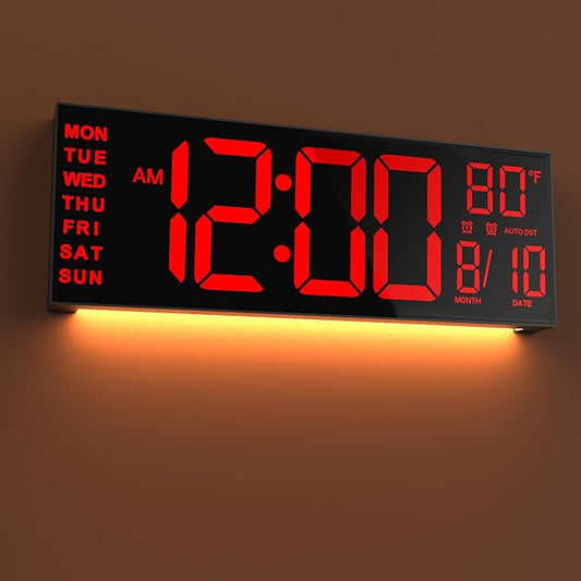 JALL 16" Large Digital Wall Mount Clock, Count Down Timer, Alarm, Big LED, DST, Temperature for Living Room Classroom Desk, Xmas, Birthday Gift for Senior Men Women Mom Dad, Red