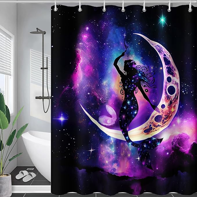 AILONEN Mermaid Shower Curtain, Galaxy Shine Mermaid Theme Shower Curtain Set,Dream Nebula and Moon Waterproof Shower Curtains for Girls Teens Kids,36" W*72" H