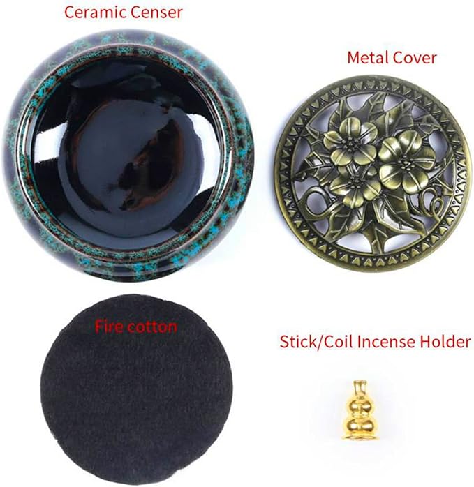 Ceramic Incense Burner with Incense Stick Holder + Insulation use for Stick or Coil Incense, Sage Cones and Frankincense (Fambe Blue)