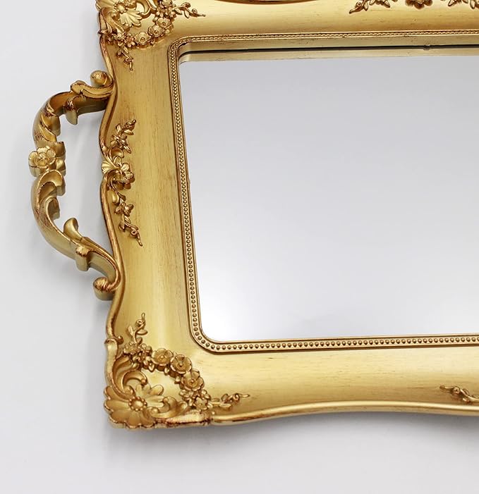 Antique Decorative Gold Framed Square Mirror Tray, Jewelry & Cosmetics Organizer for Dresser, Square - 9.5" W x 14.5" L (Golden)