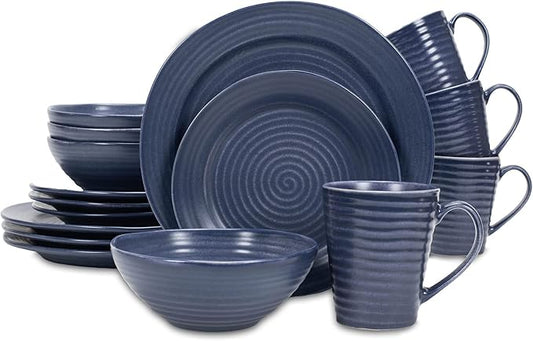 Elanze Designs Charming Chic Ribbed Modern Thrown Pottery Look Ceramic Stoneware Plate Platter Mug & Bowl Kitchen Dish Dinnerware 16 Piece Set - Service for 4, Navy Royal Blue