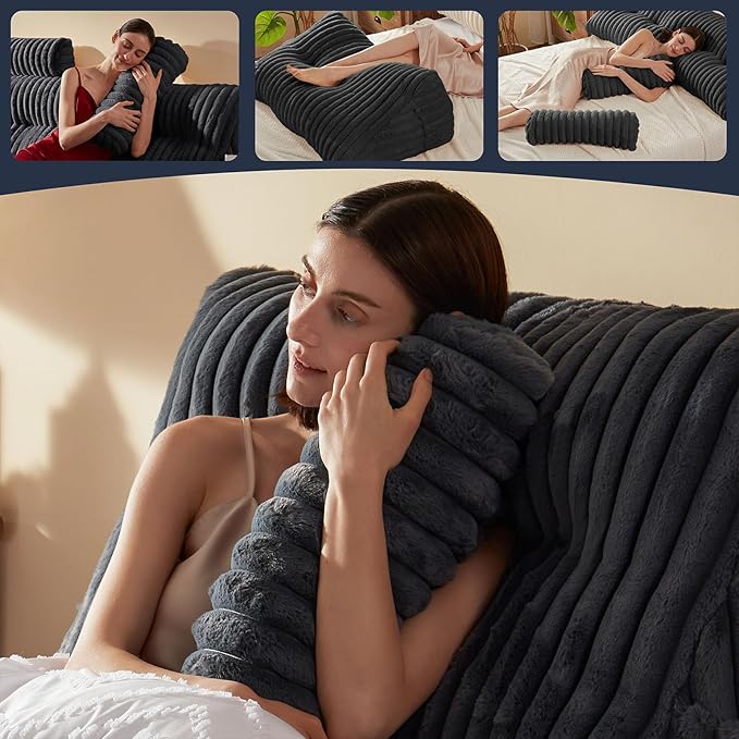 Faux Fur Headboard Pillow with 2 Pack Neck Roll Pillow Large Headboard Pillow Soft and Supportive with Removable Cover (Grey, King)