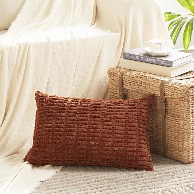 Fancy Homi 4 Packs Rust Decorative Throw Pillow Covers 12x24 Inch for Living Room Couch Bed Sofa, Terracotta Rustic Farmhouse Boho Home Decor, Soft Plush Striped Corduroy Square Cushion Case 30x60 cm