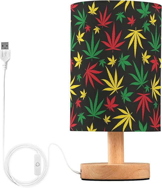 Table Lamp Colorful Marijuana Cannabis Hemp Leaf Red Yellow Green Color Print Nightstand Lamp with Wood Base Fabric Lamp Shade Bedside Desk Lamp for Living Room Bedroom Kids Room Office