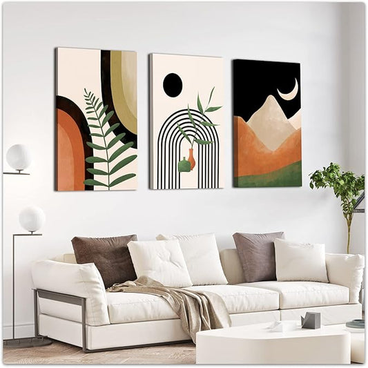 Gisipameis Large Framed Canvas Boho Wall Art Set of 3, Mid Century Modern 16" x 24", Minimalist Black Beige Neutral Abstract Geometric Prints Room Posters for Living Room Bathroom