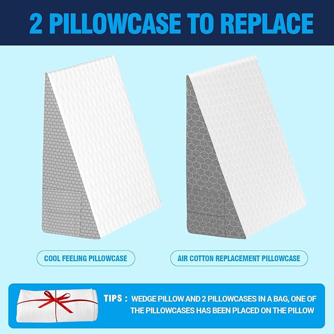 Cooling Wedge Pillow for Sleeping, 10" Elevated Support Bed Wedge Pillow,Cooling Memory Foam Top,Elevated Support Triangle Pillow for Acid Reflux & Snoring,with Air Layer Wedge Cover (Grey)