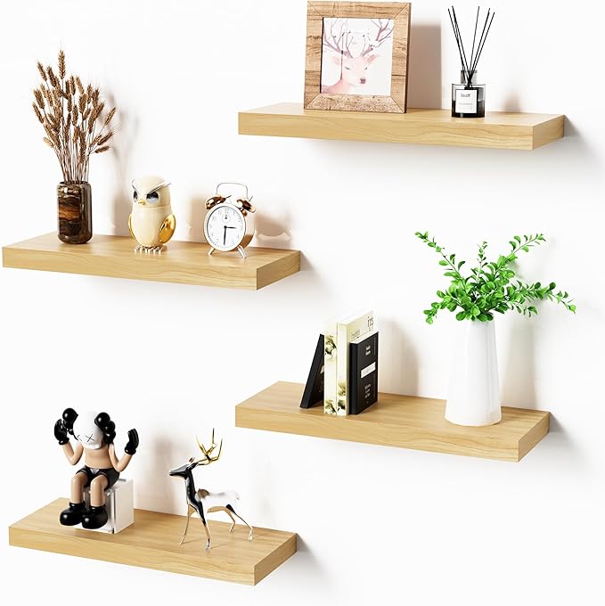 Bellsal Floating Shelves for Wall, Maple Wood Wall Shelf Set of 4, 16" Wall Mounted Floating Shelf for Kitchen, Living Room, Bedroom, Bathroom Storage, Book Shelfs for Home Decor Frame Display