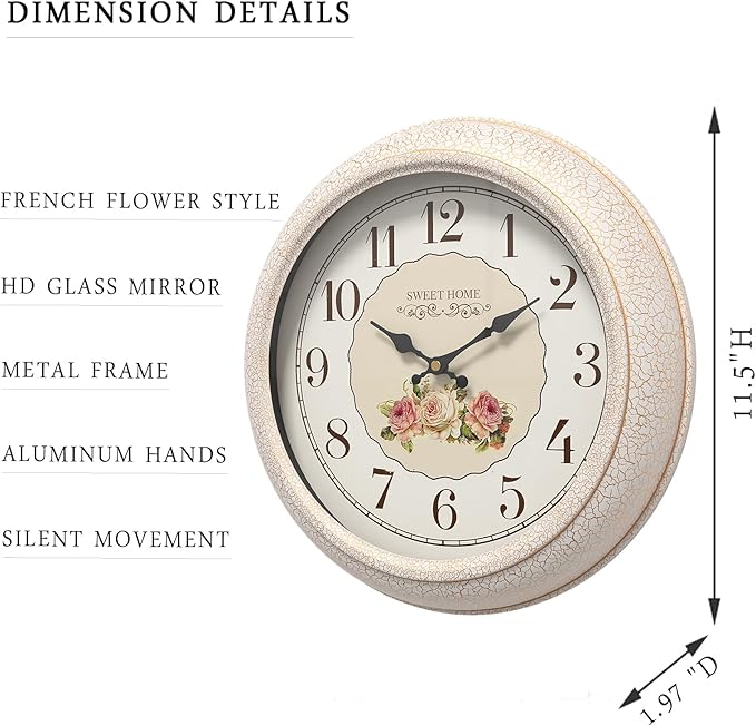 Abdurey French Flower Decorative Wall Clock, Silent Battery Operated Sweet Rose Style Floral Decor Wall Clocks, for Farmhouse, Kitchen, Bedroom, Bathroom, 11.5"