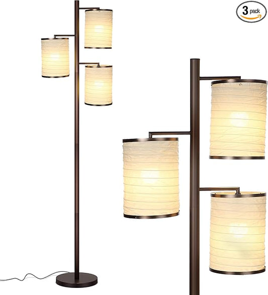 Brightech Liam Floor Lamp, Great Living Room Décor, Tall Tree Lamp for Offices, Asian Lantern Shade Lamp for Living Rooms, Standing Lamp with 3 LED Light Bulbs for Bedroom Reading - Bronze
