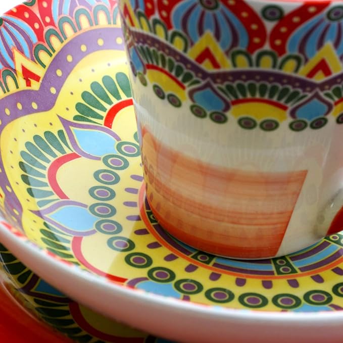 Elama Mandala Round Stoneware Multicolor Dinnerware Set, 16 Piece, Red