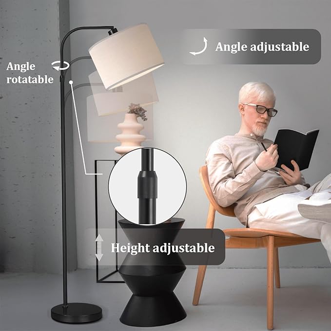 Black Floor Lamp with Remote Control, Adjustable Height Arc Floor Lamps for Living Room, Black Standing Lamp Dimmable Floor Lamp for Bedroom, Office, 1000 Lumens LED Smart Bulb Included,