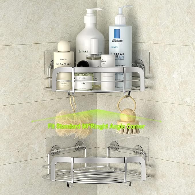 STEUGO 2 Pack Shower Caddy Corner, Bathroom Corner Shower Shelfs, Adhesive Wall Mounted Shower Caddy with 4 Movable Hooks, No Drilling Shower Shelf, Stainless Steel Silver.