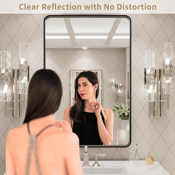 LOAAO 24X30 Inch Black Metal Framed Bathroom Mirror for Wall, Matte Black Bathroom Vanity Mirror Farmhouse, Large Rounded Rectangle Mirror, Anti-Rust, Hangs Horizontally or Vertically