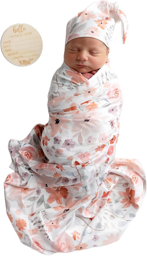 Newborn Baby Girl Receiving Blanket Swaddle Blanket Stretchy Knit Swaddle Set with Matching Headband Beanie with a Name Card (Pink and Orange Floral)