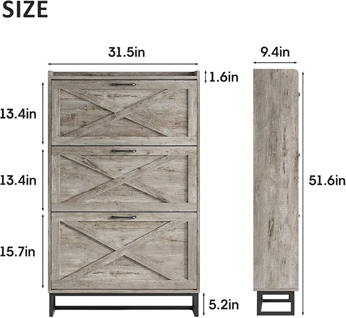 Maupvit Shoe Storage Cabinet with 3 Flip Drawers, Freestanding Organizer with Metal Legs for Entryway, Narrow Shoe Rack Cabinet, Light Rustic Oak
