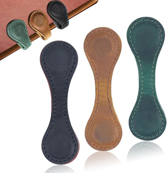 Leather Magnetic Bookmarks,3 Pcs Personalized Vintage Bookmarks Page Markers Convenient Book Marker Clip Gift for Book Lover Readers Men Women Kids Data Cable Organization (Black+Green+Light Brown)