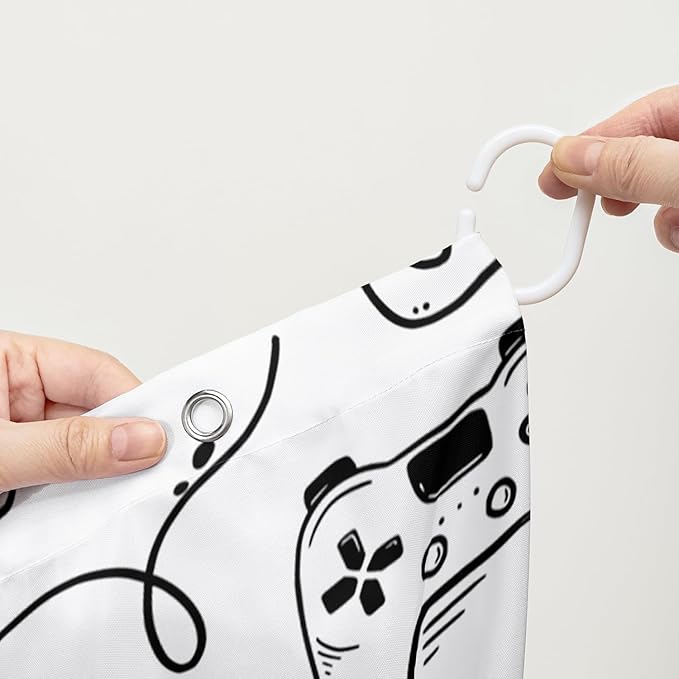 AILONEN Gamer Shower Curtain for Boys 36" W*72" H Black Gaming Video Game Bathroom Curtain,Teen Boys Bath Curtain Polyester Waterproof Retro Game Controller Bathroom Curtain with 12 Hooks