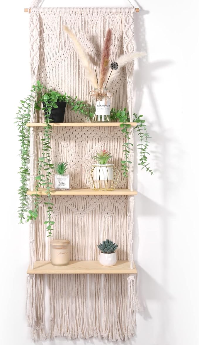 Macrame Wall Hanging Shelf for Decor, Boho Bathroom - Bohemian Decor Bedroom, Living Room 3 Tier Small Plants, Handmade Large Eclectic Home-（White）