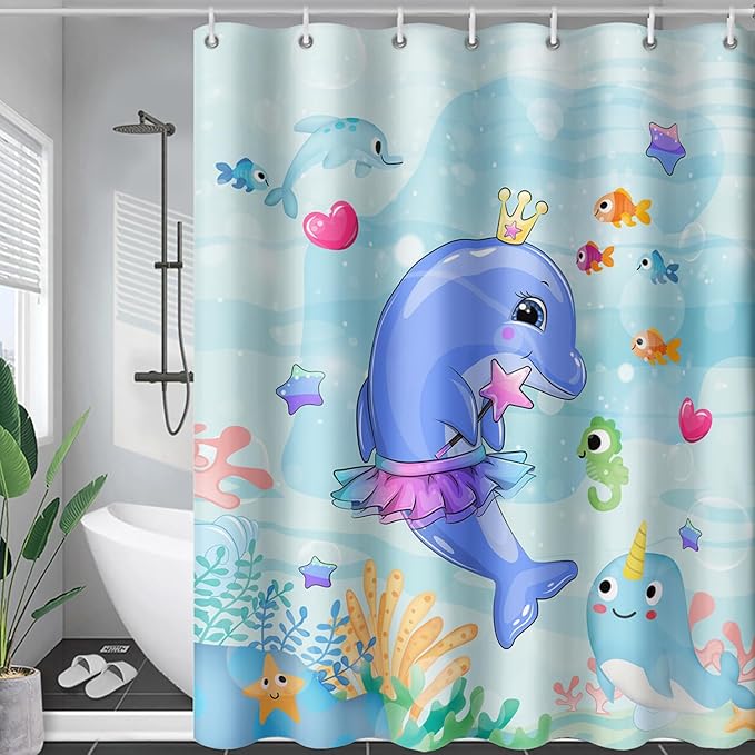 AILONEN Cute Dolphin Shower Curtain for Bathroom, Dolphin Fish Ocean Bath Curtain,Modern Minimalist Blue Waterproof Fabric Shower Curtain Set with Hooks 48" W*72" H