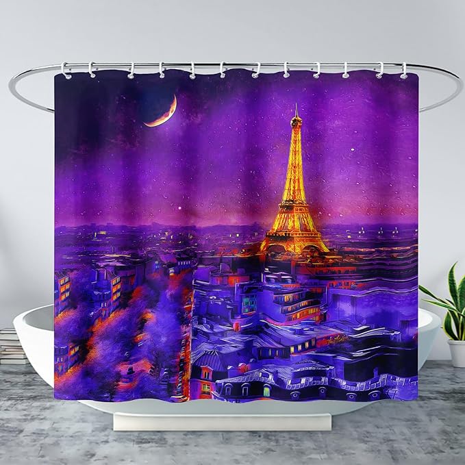 AILONEN Paris Tower Shower Curtain,Purple Glowing City Waterproof Fabric Shower Curtain for Girls Boys Kids Teens, 72" W*78" H Night Eiffel Tower Oil Painting Shower Curtain